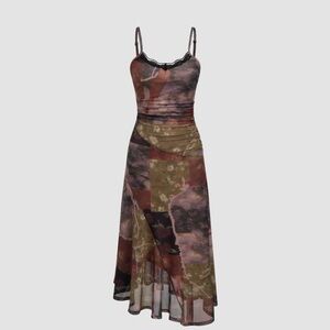 Cider Patchwork Midi Slip Dress in Olive, Rust & Charcoal
